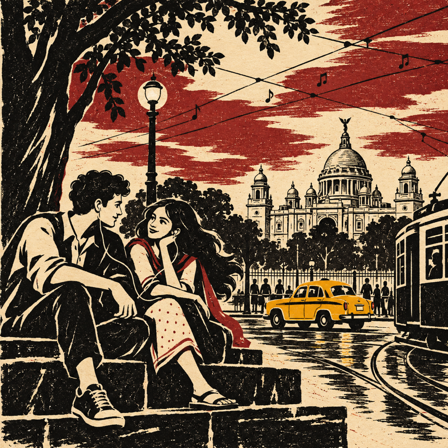 Young Bengali friends sharing music and conversation near Victoria Memorial, a tram and a yellow taxi